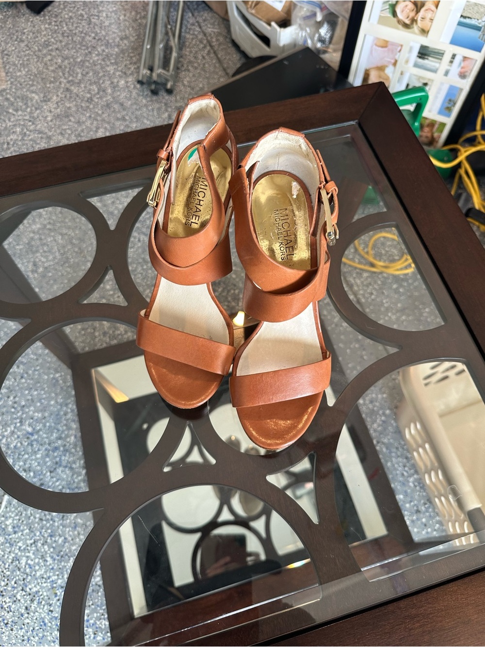 Michael Kors Tan Leather Strappy Wedge Sandals